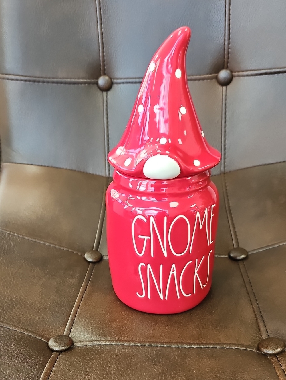 Rae Dunn Holiday/Festive Red Gnome Snacks Ceramic Jar. NWT